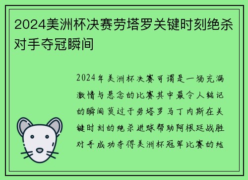 2024美洲杯决赛劳塔罗关键时刻绝杀对手夺冠瞬间
